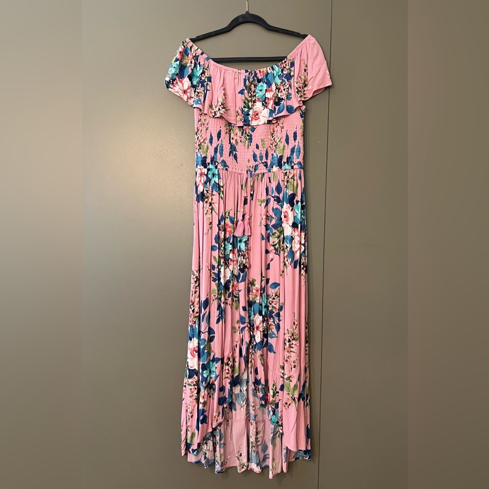 Floral ruffle off the shoulder high-low dress